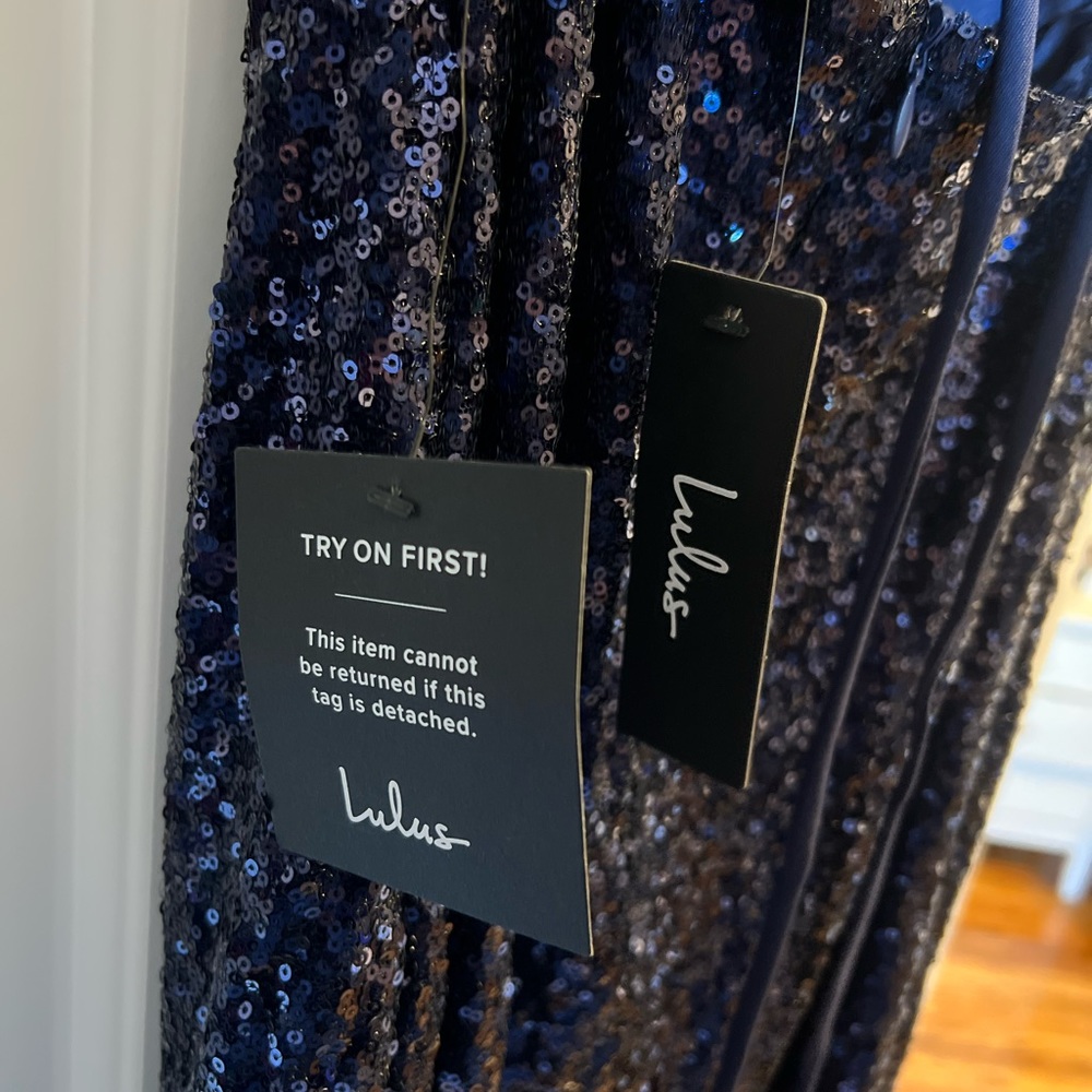 Sparkling Starlet Navy Blue Sequin Lace-Up Midi Dress - Picture 7 of 10